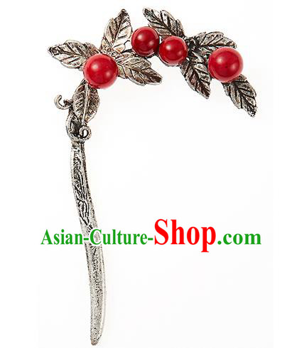 Traditional Korean National Wedding Hair Accessories Bride Palace Red Beads Hairpins, Korean Hanbok Fashion Hair Stick Headwear for Women