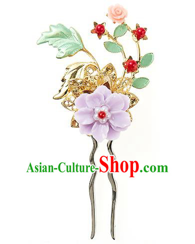 Traditional Korean National Wedding Hair Accessories Bride Palace Cyphers Purple Flower Hairpins, Korean Hanbok Fashion Hair Stick Headwear for Women