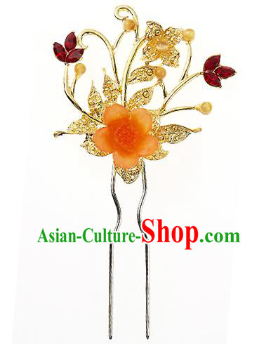 Traditional Korean National Wedding Hair Accessories Bride Palace Cyphers Orange Flower Crystal Hairpins, Korean Hanbok Fashion Hair Stick Headwear for Women