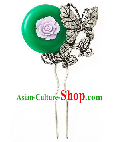 Traditional Korean National Wedding Hair Accessories Bride Palace Cyphers Butterfly Green Hairpins, Korean Hanbok Fashion Hair Stick Headwear for Women