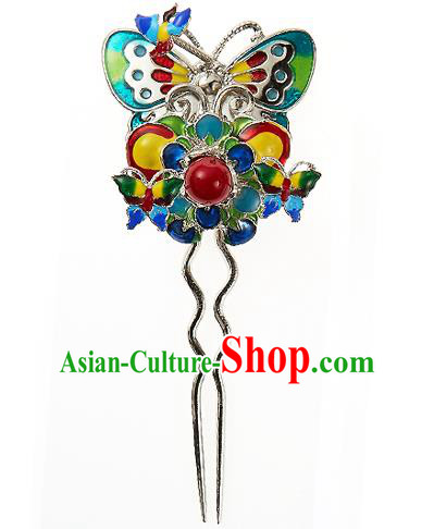 Traditional Korean National Hair Accessories Bride Wedding Blueing Butterfly Hairpins, Asian Korean Hanbok Fashion Headwear Hair Stick for Women