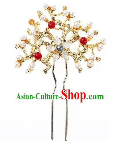 Traditional Korean National Hair Accessories Bride Wedding Pearls Flower Hairpins, Asian Korean Hanbok Fashion Headwear Hair Stick for Women