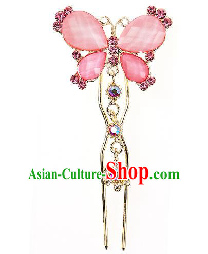 Traditional Korean National Hair Accessories Bride Wedding Pink Butterfly Crystal Hairpins, Asian Korean Hanbok Fashion Headwear Hair Stick for Women