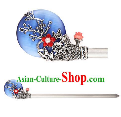 Traditional Korean National Hair Accessories Bride Wedding Blue Hairpins, Asian Korean Hanbok Fashion Headwear Hair Stick for Women