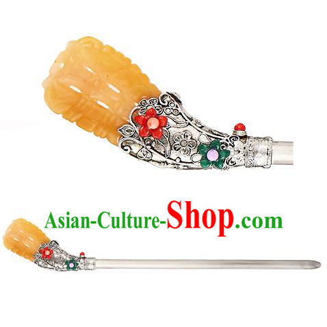 Traditional Korean National Hair Accessories Bride Yellow Colored Glaze Hairpins, Asian Korean Hanbok Fashion Headwear Hair Stick for Women