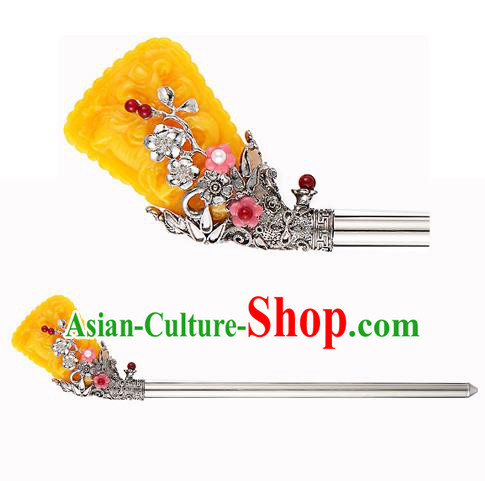 Traditional Korean National Hair Accessories Bride Yellow Colored Glaze Hairpins, Asian Korean Hanbok Fashion Headwear Hair Stick for Women