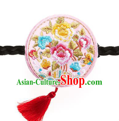 Traditional Korean National Hair Accessories Embroidered Pink Hair Clasp, Asian Korean Hanbok Fashion Headwear Palace Headband for Kids