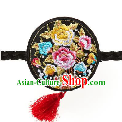 Traditional Korean National Hair Accessories Embroidered Black Hair Clasp, Asian Korean Hanbok Fashion Headwear Palace Headband for Kids