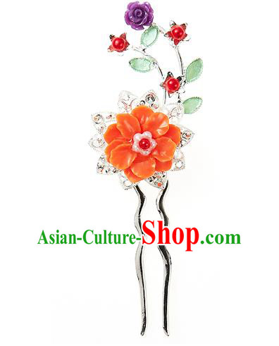 Traditional Korean National Hair Accessories Orange Flowers Hairpins, Korean Palace Hanbok Fashion Headwear for Women