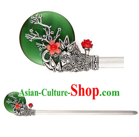 Traditional Korean National Hair Accessories Jade Flower Hairpins, Korean Palace Hanbok Fashion Headwear for Women