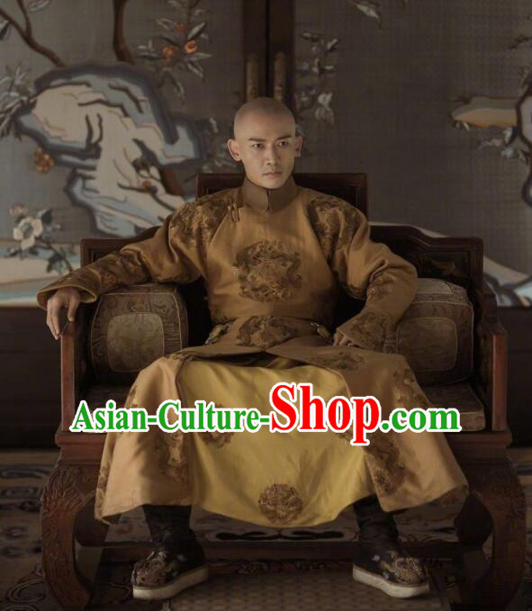 Story of Yanxi Palace Traditional Chinese Qing Dynasty Imperial Emperor Costume, Chinese Ancient Manchu Majesty Mandarin Embroidered Informal Clothing for Men