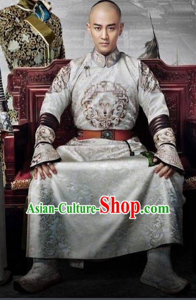 Traditional Chinese Qing Dynasty Prince Costume, Chinese Ancient Manchu Royal Highness Mandarin Embroidered Informal Clothing for Men