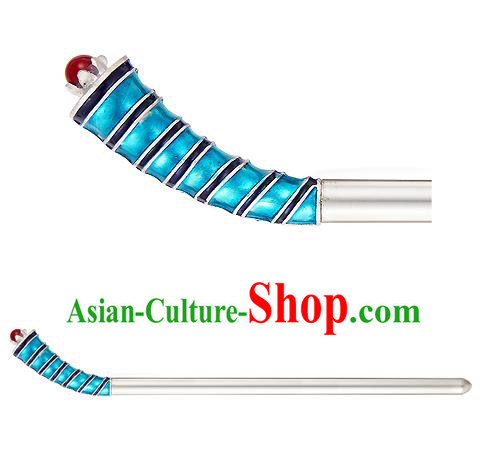 Traditional Korean National Hair Accessories Hair Stick Blue Hairpins, Korean Palace Hanbok Fashion Headwear for Women