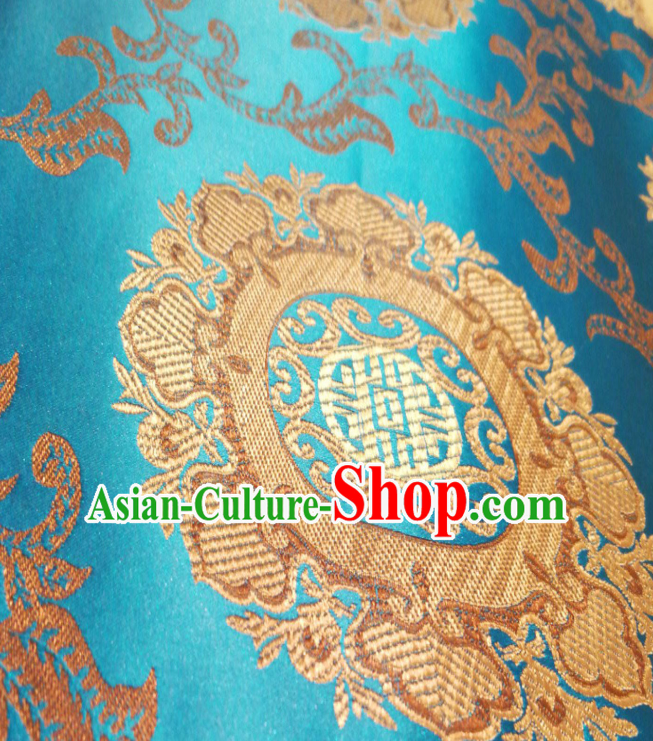 Lake Blue Color Traditional Chinese Round Flower Brocade Fabric