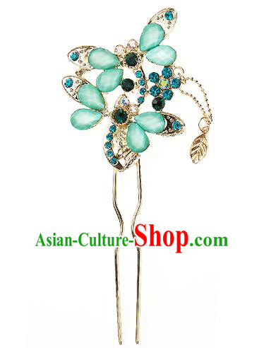 Korean National Wedding Hair Accessories Bride Palace Cyphers Green Butterfly Hairpins, Korean Hanbok Fashion Hair Stick Headwear for Women