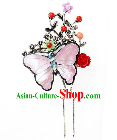 Korean National Wedding Hair Accessories Bride Pink Butterfly Hairpins, Korean Hanbok Fashion Palace Hair Stick for Women