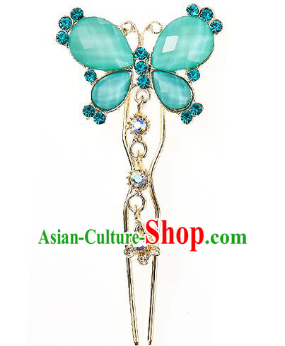 Korean National Wedding Hair Accessories Bride Hairpins Crystal Green Butterfly Hair Clip, Korean Hanbok Fashion Palace Hair Clasp for Women