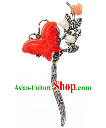 Korean National Wedding Hair Accessories Bride Hairpins Red Butterfly Hair Clip, Korean Hanbok Fashion Palace Hair Clasp for Women