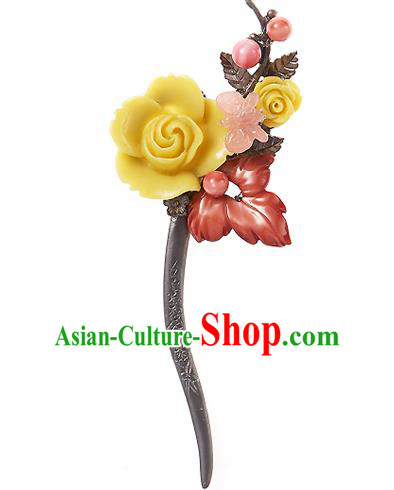 Korean National Wedding Hair Accessories Bride Hairpins Yellow Rose Hair Clip, Korean Hanbok Fashion Palace Hair Clasp for Women