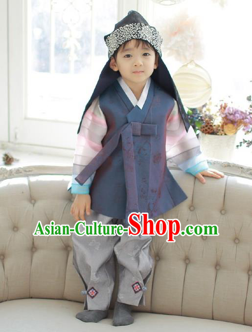 Asian Korean National Traditional Handmade Formal Occasions Boys Embroidery Deep Grey Vest Hanbok Costume Complete Set for Kids