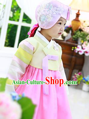 Asian Korean National Handmade Formal Occasions Wedding Clothing Yellow Blouse and Pink Dress Palace Hanbok Costume for Kids