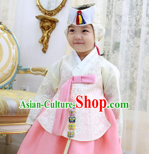 Asian Korean National Handmade Formal Occasions Wedding Clothing White Blouse and Pink Dress Palace Hanbok Costume for Kids