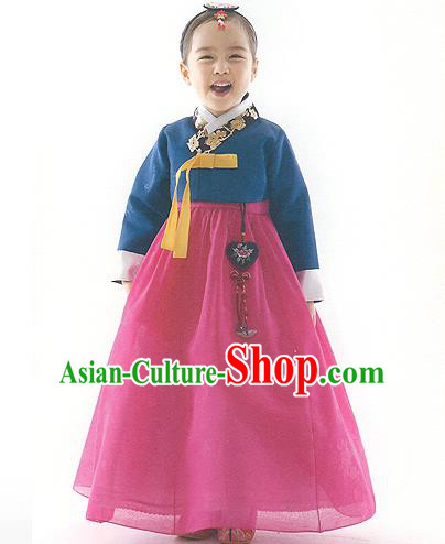 Asian Korean National Handmade Formal Occasions Deep Blue Blouse and Pink Dress Palace Hanbok Costume for Kids