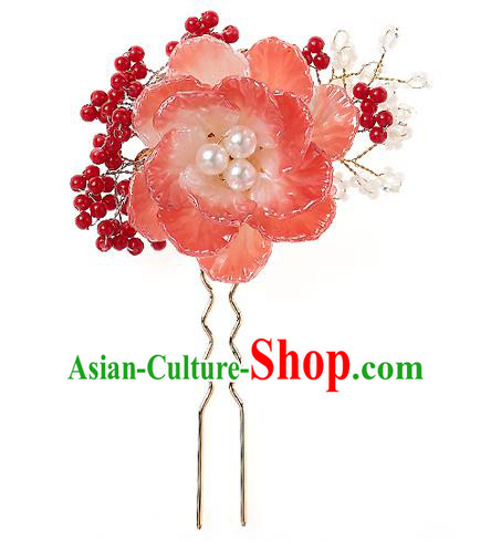 Korean National Wedding Hair Accessories Bride Headwear Pink Flower Hair Clip, Korean Hanbok Fashion Palace Hairpins for Women