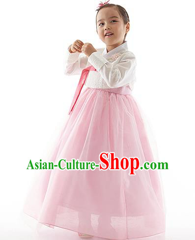 Asian Korean National Handmade Formal Occasions Wedding Clothing White Blouse and Pink Dress Palace Hanbok Costume for Kids