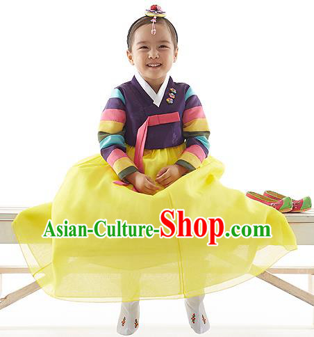 Asian Korean National Handmade Formal Occasions Wedding Clothing Purple Blouse and Yellow Dress Palace Hanbok Costume for Kids