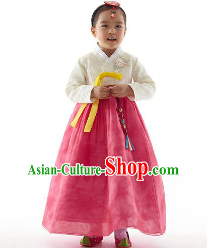 Asian Korean National Handmade Formal Occasions Wedding Clothing White Embroidered Blouse and Pink Dress Palace Hanbok Costume for Kids