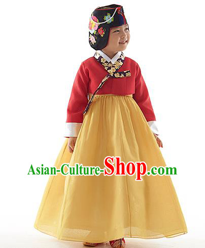 Asian Korean National Handmade Formal Occasions Wedding Clothing Red Embroidered Blouse and Yellow Dress Palace Hanbok Costume for Kids