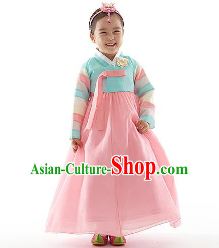 Asian Korean National Handmade Formal Occasions Wedding Clothing Embroidered Blue Blouse and Pink Dress Palace Hanbok Costume for Kids