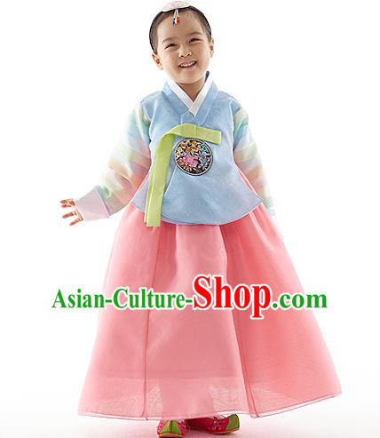 Asian Korean National Handmade Formal Occasions Wedding Clothing Embroidered Blue Blouse and Pink Dress Palace Hanbok Costume for Kids