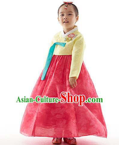 Asian Korean National Handmade Formal Occasions Wedding Clothing Yellow Lace Blouse and Red Dress Palace Hanbok Costume for Kids