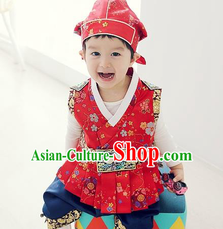 Asian Korean National Traditional Handmade Formal Occasions Boys Embroidery Red Vest Hanbok Costume Complete Set for Kids