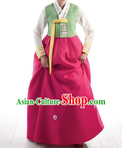 Asian Korean National Handmade Formal Occasions Wedding Bride Clothing Embroidered Green Blouse and Pink Dress Palace Hanbok Costume for Women