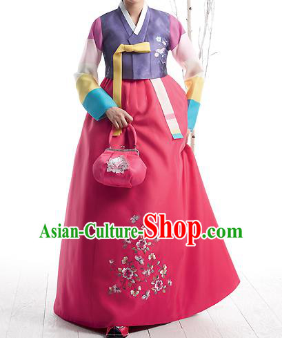 Asian Korean National Handmade Formal Occasions Wedding Bride Clothing Embroidered Purple Blouse and Pink Dress Palace Hanbok Costume for Women