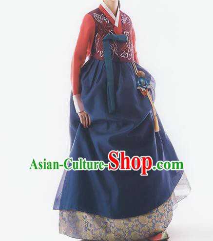 Korean National Handmade Formal Occasions Wedding Bride Clothing Embroidered Red Blouse and Blue Dress Palace Hanbok Costume for Women
