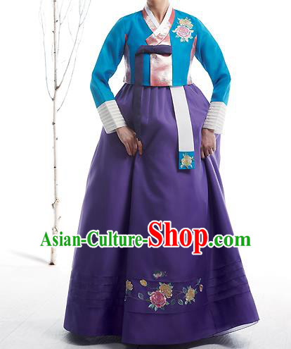 Asian Korean National Handmade Formal Occasions Wedding Bride Clothing Embroidered Blue Blouse and Purple Dress Palace Hanbok Costume for Women
