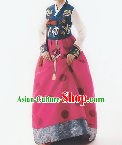 Korean National Handmade Formal Occasions Wedding Bride Clothing Embroidered Blue Blouse and Red Dress Palace Hanbok Costume for Women