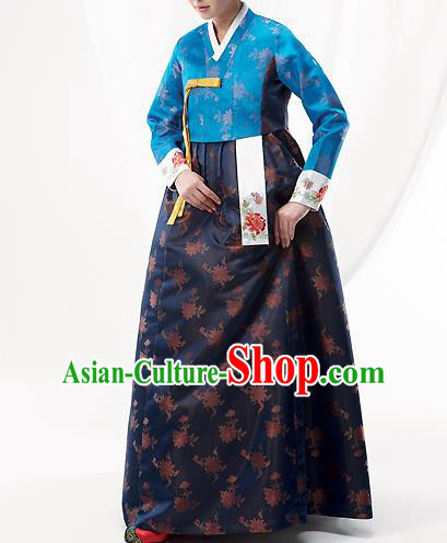 Asian Korean National Handmade Formal Occasions Wedding Bride Clothing Embroidered Blue Blouse and Navy Dress Palace Hanbok Costume for Women