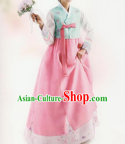 Korean National Handmade Formal Occasions Wedding Bride Clothing Embroidered Green Blouse and Pink Dress Palace Hanbok Costume for Women