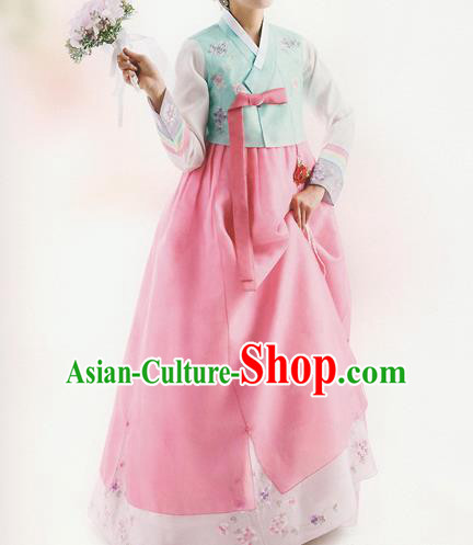 Korean National Handmade Formal Occasions Wedding Bride Clothing Embroidered Green Blouse and Pink Dress Palace Hanbok Costume for Women