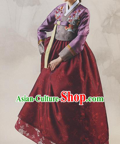 Korean National Handmade Formal Occasions Wedding Bride Clothing Hanbok Costume Embroidered Purple Blouse and Red Dress for Women