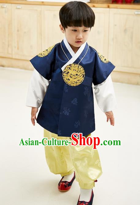 Asian Korean National Traditional Handmade Formal Occasions Boys Embroidery Navy Vest Hanbok Costume Complete Set for Kids