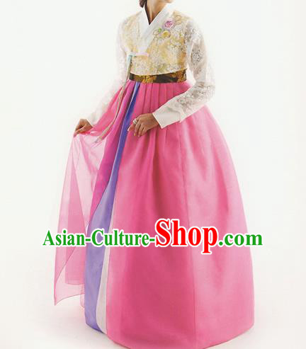 Korean National Handmade Formal Occasions Wedding Bride Clothing Hanbok Costume Embroidered Yellow Lace Blouse and Pink Dress for Women