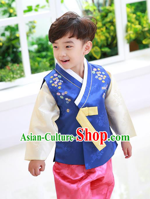 Asian Korean National Traditional Handmade Formal Occasions Boys Embroidery Blue Vest Hanbok Costume Complete Set for Kids