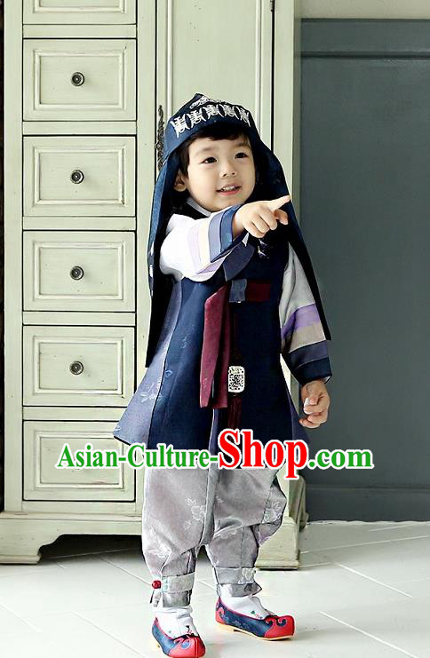 Asian Korean National Traditional Handmade Formal Occasions Boys Embroidery Navy Vest Hanbok Costume Complete Set for Kids