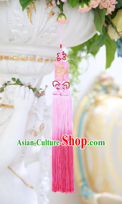 Asian Korean Hanbok Embroidered Pink Tassel Waist Decorations, Korean National Belts Accessories Wedding Bride Waist Pendant for Women